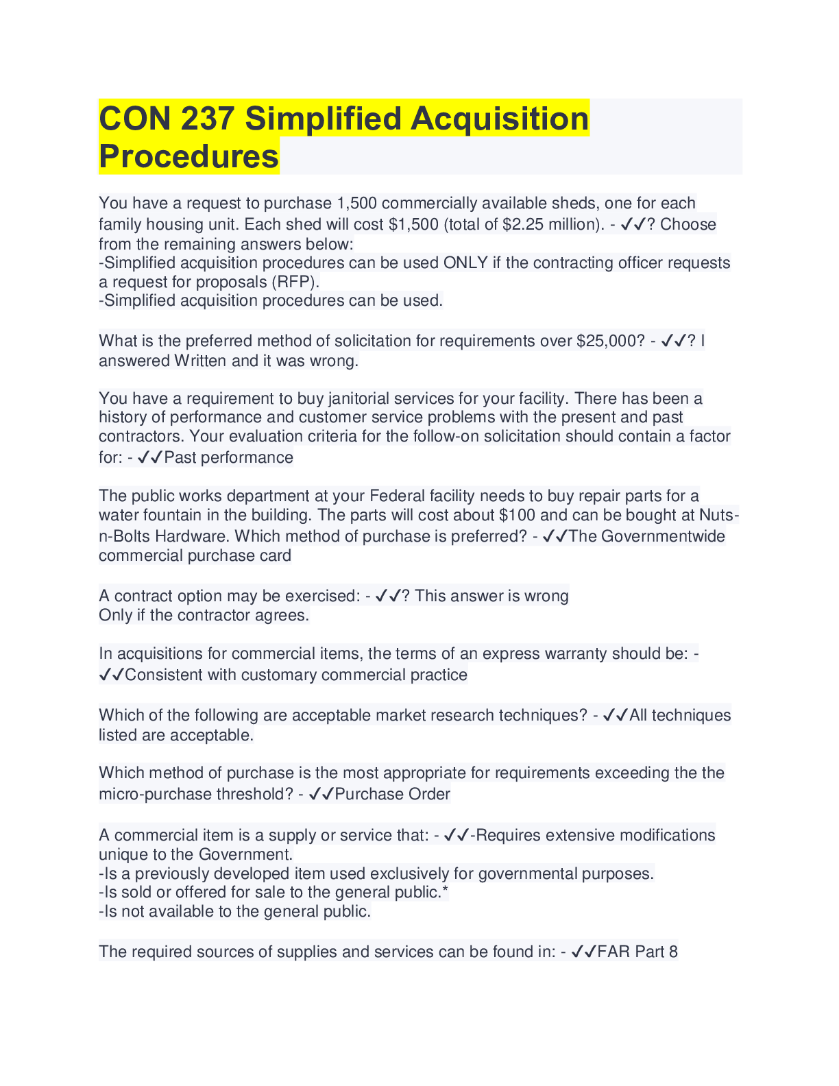 Preview image for Defence Acquisition University CON 237 Simplified Acquisition Procedures | 100% Correct Answers